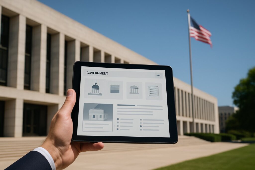 A federal building with an American flag is shown beside a tablet displaying a government website.