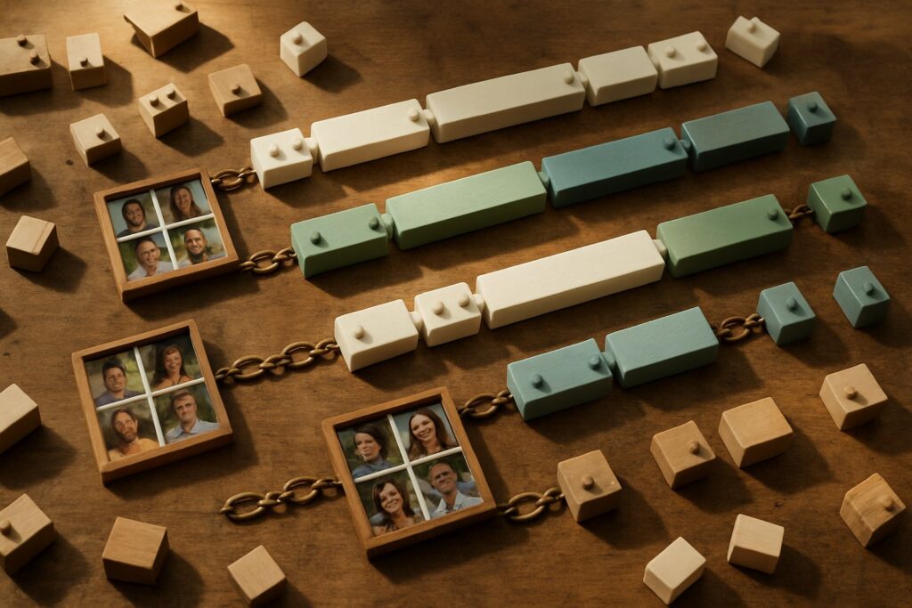 A wooden worktable holds blocks, photo grids, brass chain links, and timeline ribbons arranged neatly.