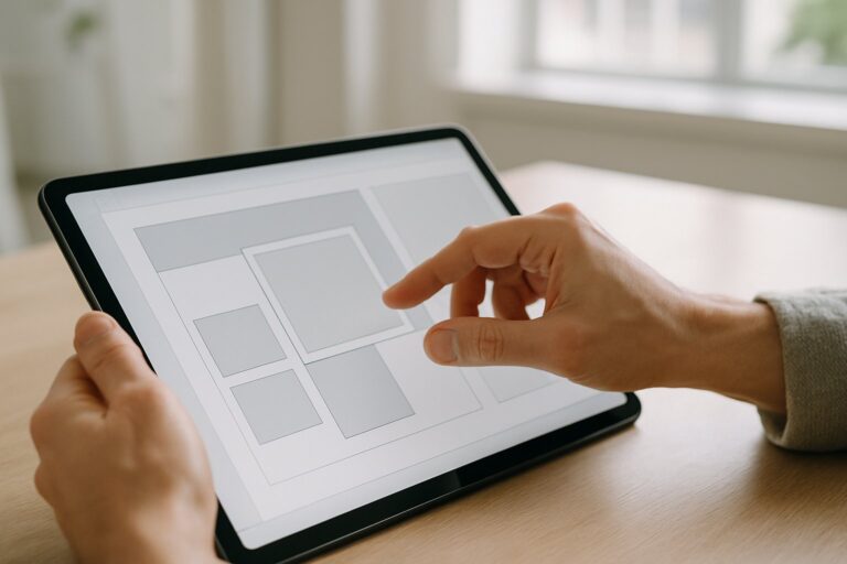 A designer's hands adjust and resize photo frames on a large tablet screen in a bright, white-walled studio.