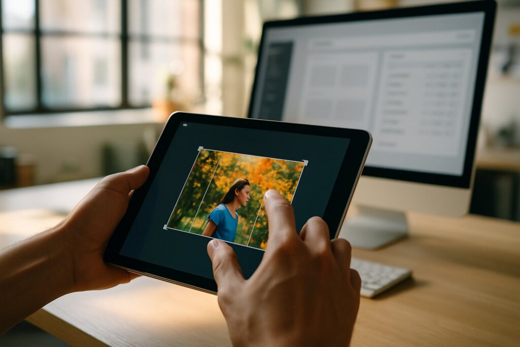 Hands tap a tablet screen showing photo cropping tools, with a content dashboard visible on a monitor behind.