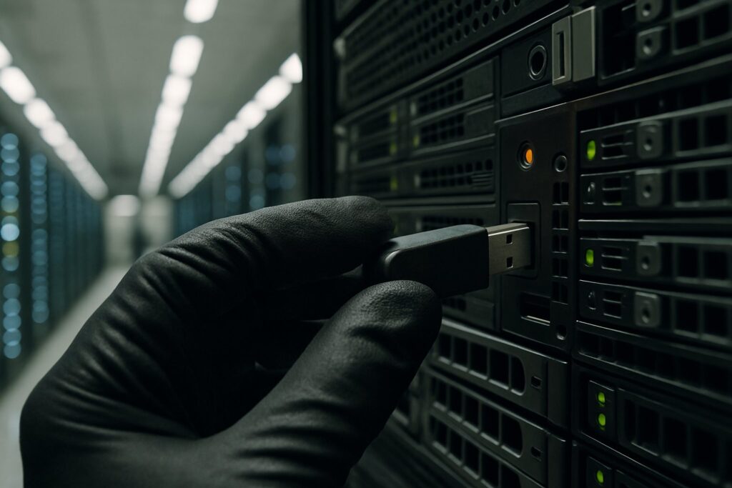 A gloved hand plugs a USB drive into a server rack port inside a brightly lit data center.