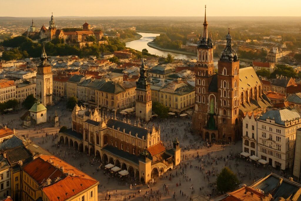 Kraków's old town glows at sunset, with church spires, colorful rooftops, and the Vistula River visible from above.