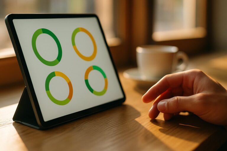 A tablet on a café table shows colorful score gauges, with a hand nearby and coffee in the background.