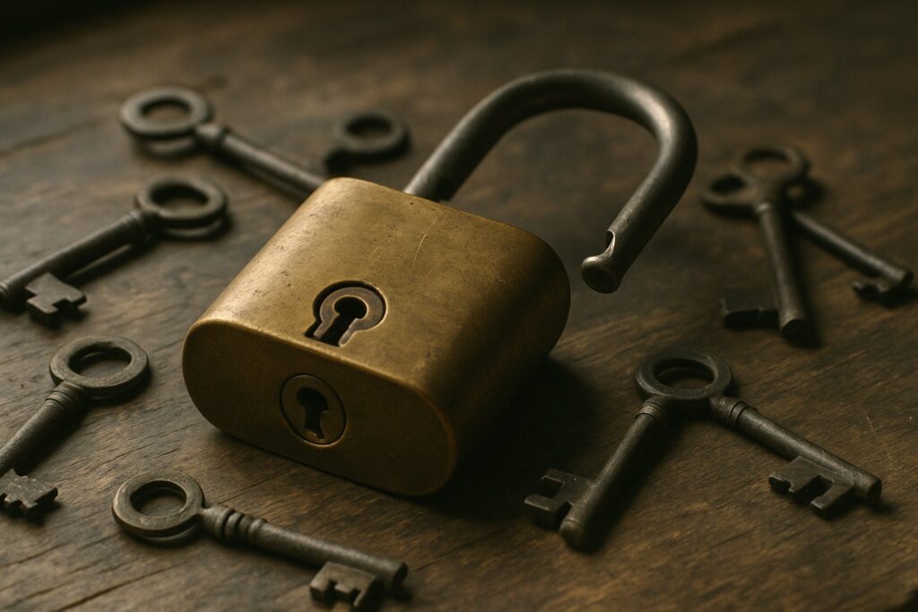 An open brass padlock rests on worn wood, surrounded by scattered skeleton keys in soft daylight.