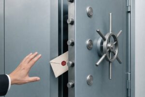 A heavy steel vault door stands slightly ajar with a sealed envelope slipping through the gap as a hand reaches to close it.