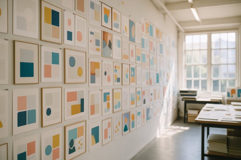 A bright studio with walls covered in colorful framed page designs of varied styles.