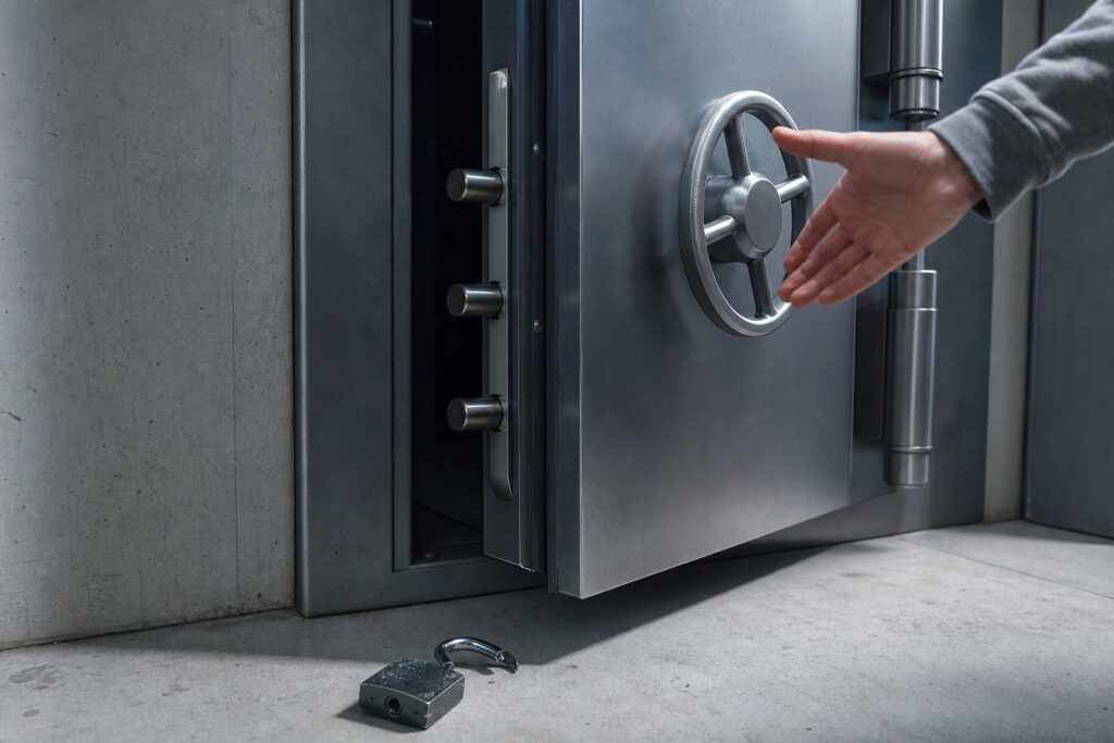 A heavy steel vault door stands ajar, with a broken padlock on the floor beside it.