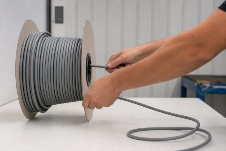 A hand guides electrical cable back onto a spool on a workshop surface, with a short length partially unwound beside it.