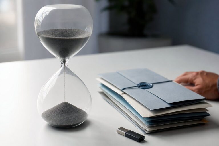 An hourglass with sand mid-flow sits beside sealed envelopes and a USB drive, with a hand hovering at the edge.