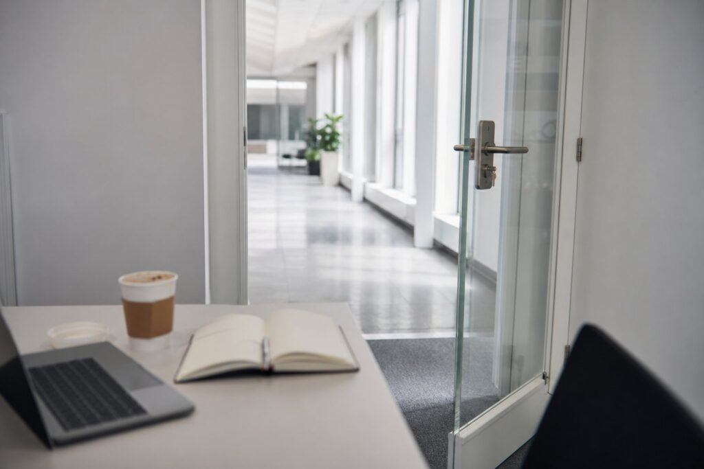 A glass door swings open into a bright white corridor with tall windows, a notebook, coffee cup, and laptop on a nearby desk.