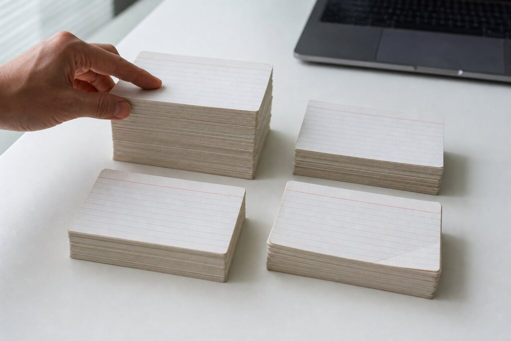 Four small stacks of index cards on a white desk, with a fingertip resting on the tallest stack.