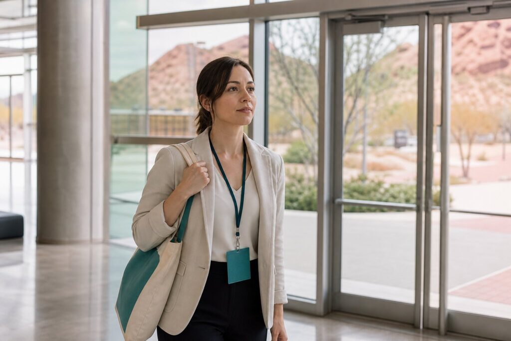A woman with a lanyard and tote bag stands inside a sunlit convention center entrance, gazing ahead with quiet anticipation.