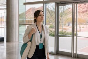 A woman with a lanyard and tote bag stands inside a sunlit convention center entrance, gazing ahead with quiet anticipation.