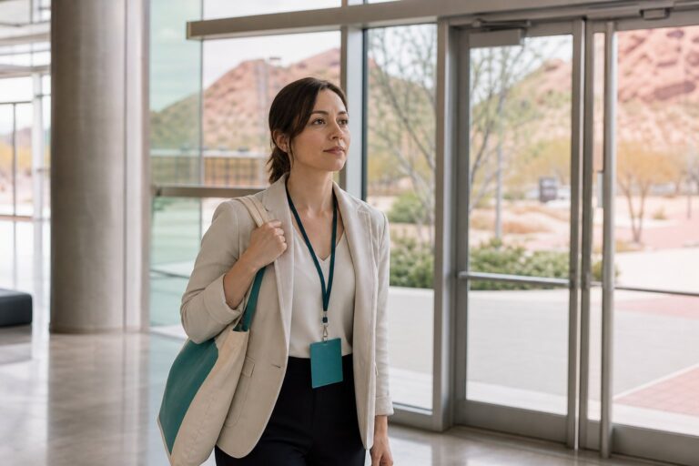 A woman with a lanyard and tote bag stands inside a sunlit convention center entrance, gazing ahead with quiet anticipation.