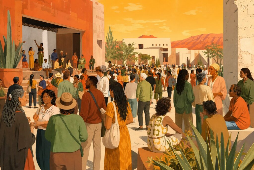 A diverse crowd gathers in an open desert plaza surrounded by terracotta walls under a bright orange sky.