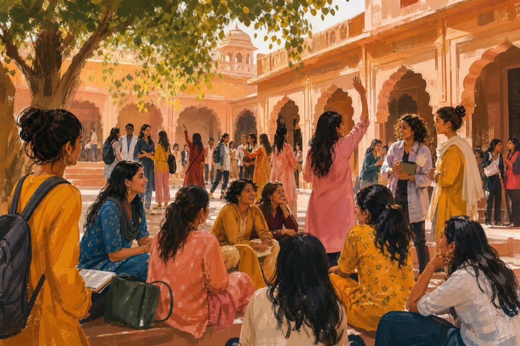 Young women gather in a sun-warmed sandstone courtyard, talking and raising hands.
