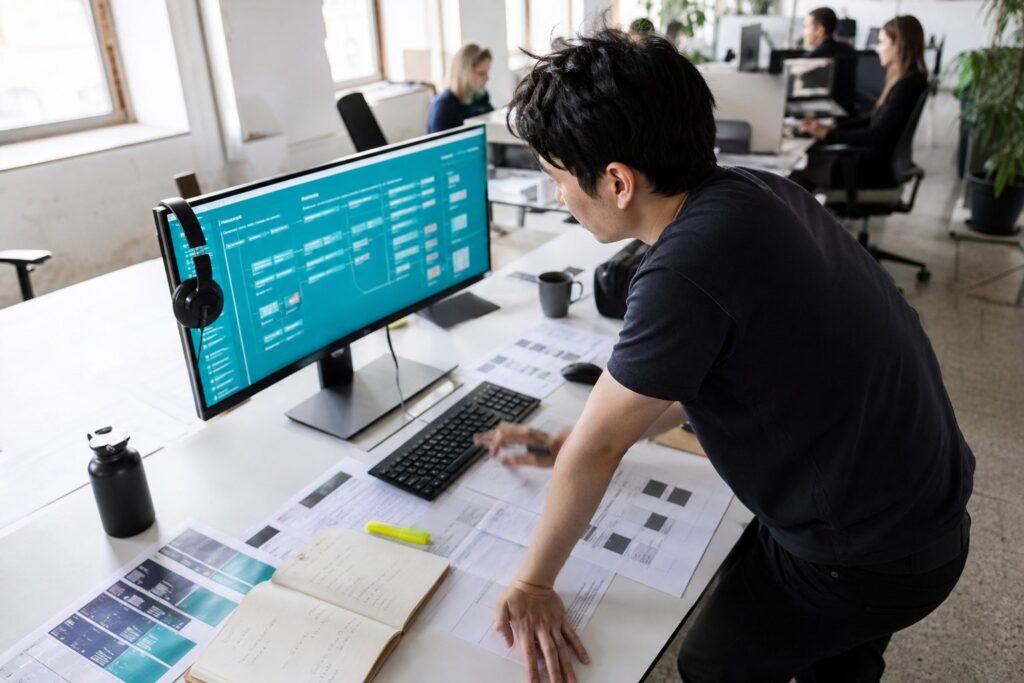 A developer reviews an outlined document on a large monitor at a desk scattered with printed drafts and an open notebook.