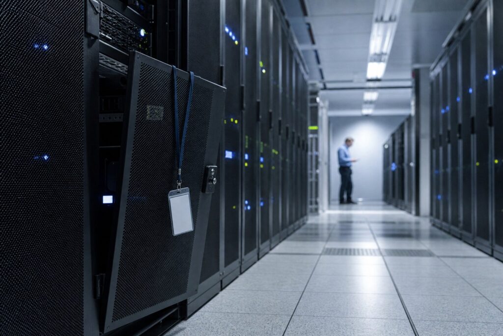 A dimly lit server corridor with blinking lights and an ajar access panel with a keycard on it.