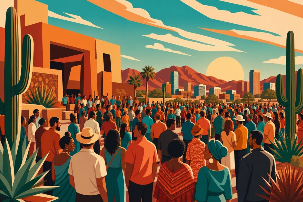 A diverse crowd gathers outdoors beneath a blazing Arizona sun and desert-southwest architecture.