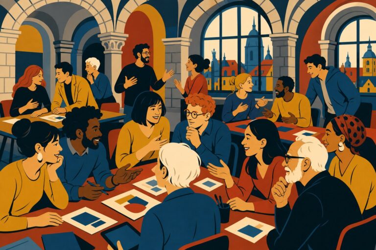 Thirteen diverse people gather around tables in a grand European hall with cobblestone arches and tall windows.