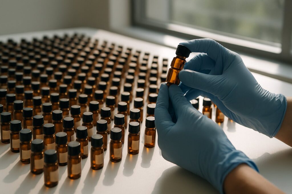 Gloved hands inspect one amber glass vial among hundreds of labeled specimen vials arranged on a white lab table.
