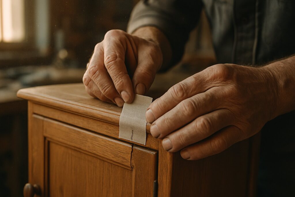 Weathered hands pressing adhesive tape over a crack in a wooden cabinet panel in a sunlit workshop.