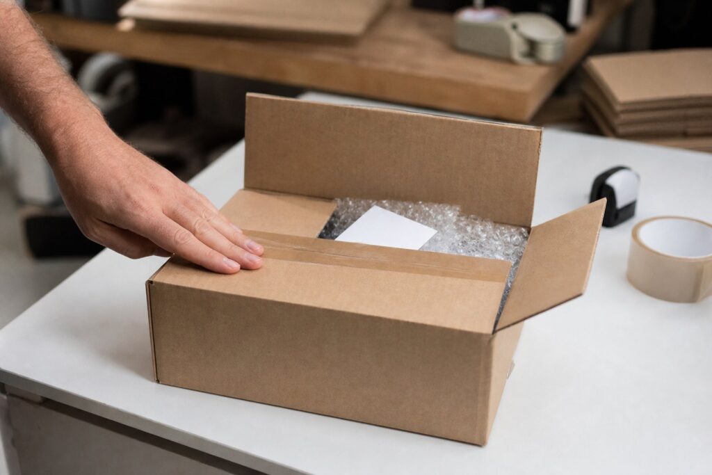 A hand presses tape across a half-open cardboard box filled with bubble wrap on a white workshop table.