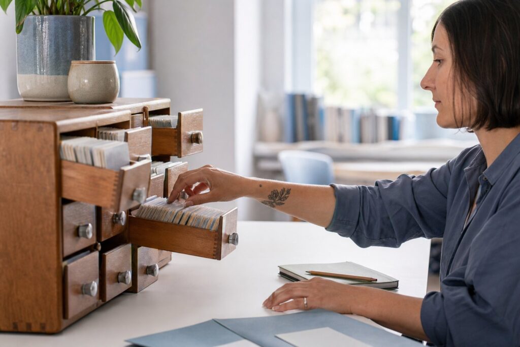 A hand reaches into an open drawer of a small wooden card catalogue cabinet on a sunlit library desk.