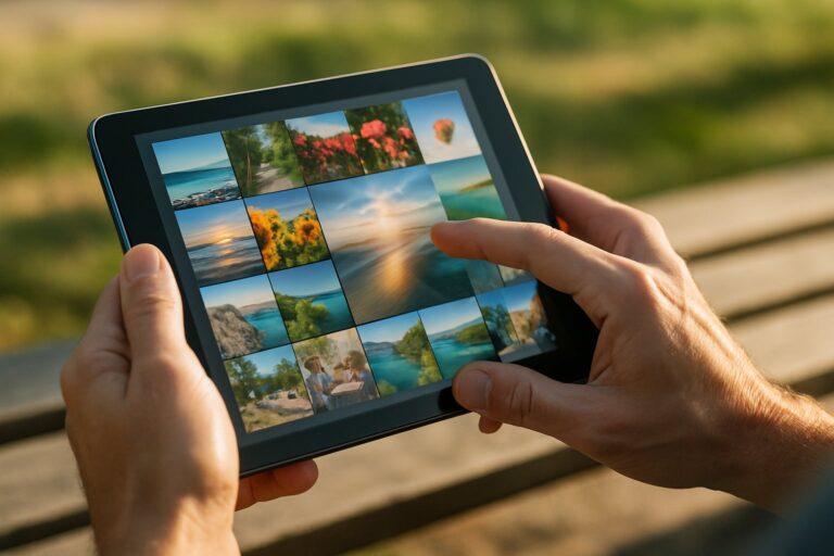Hands hold a tablet outdoors, its screen showing a colorful photo gallery in transition.