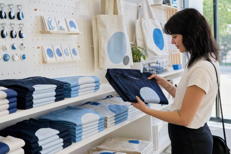 A hand lifts a folded shirt from a tidy retail shelf stocked with t-shirts, pins, tote bags, and stickers.