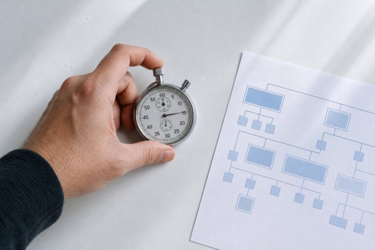 A stopwatch frozen at 0.025 seconds rests on a white surface beside a grid-covered page, with a hand reaching toward it.