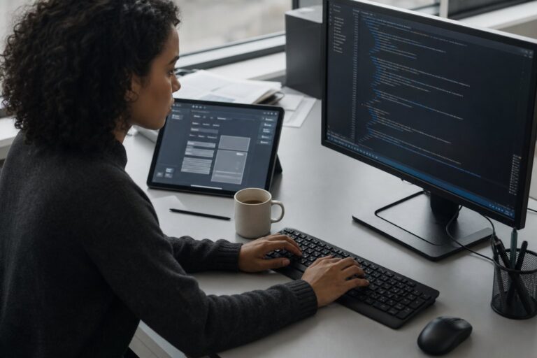 A desk seen from above with a tablet showing a visual interface beside a monitor with code, and a coffee cup between them.