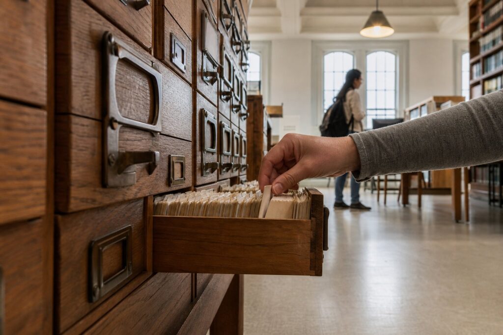 A hand slides a card back into a wooden card catalogue drawer in a bright, airy library.