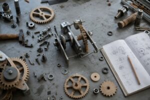 A workbench seen from above holds steel bolts, wooden gears, a half-built device, and an open sketchbook with a pencil.