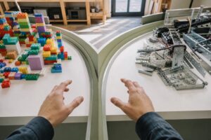 A pair of hands hovers between colorful stacking blocks and exposed screws, wiring, and brackets in a bright workshop.