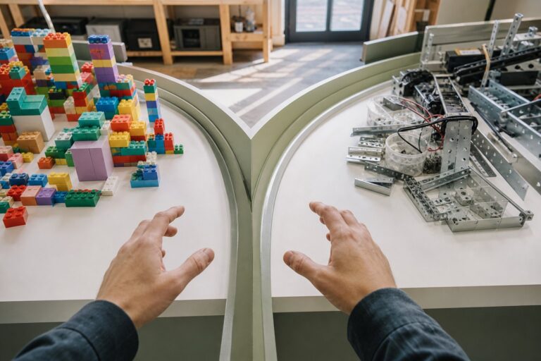 A pair of hands hovers between colorful stacking blocks and exposed screws, wiring, and brackets in a bright workshop.