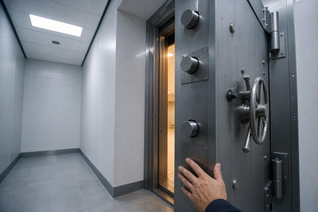 A heavy steel vault door stands ajar, with locking bolts extended and a hand resting on its edge.