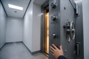 A heavy steel vault door stands ajar, with locking bolts extended and a hand resting on its edge.