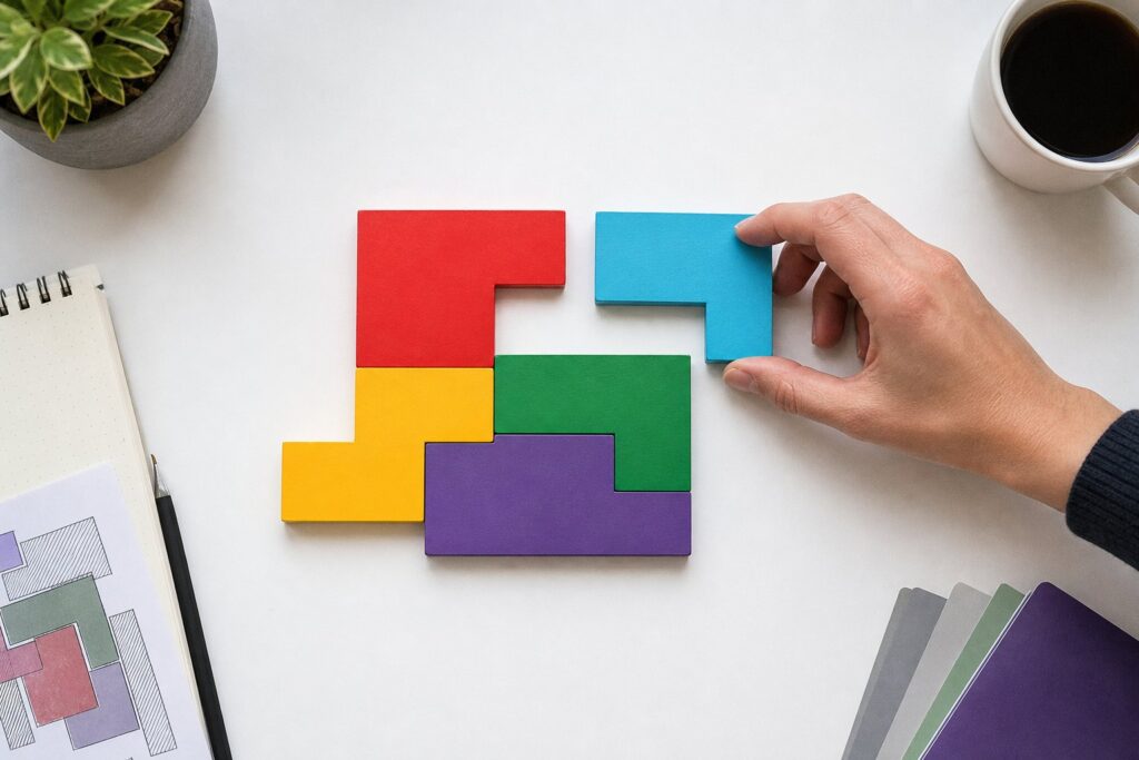 Colorful Tetris-like blocks in red, cyan, yellow, green, and purple arranged on a white table.