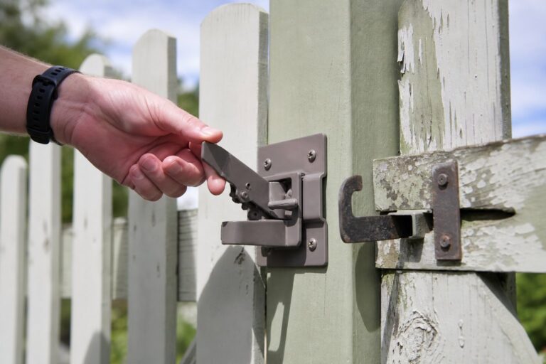 A hand tests a new metal latch on a freshly painted wooden fence post outdoors.