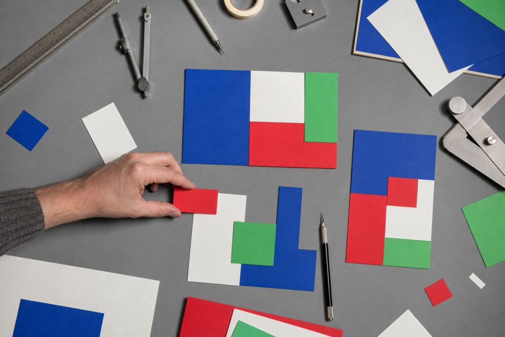 A hand arranges colorful geometric paper cutouts on a grey workbench beside drafting tools and a stylus, seen from above.