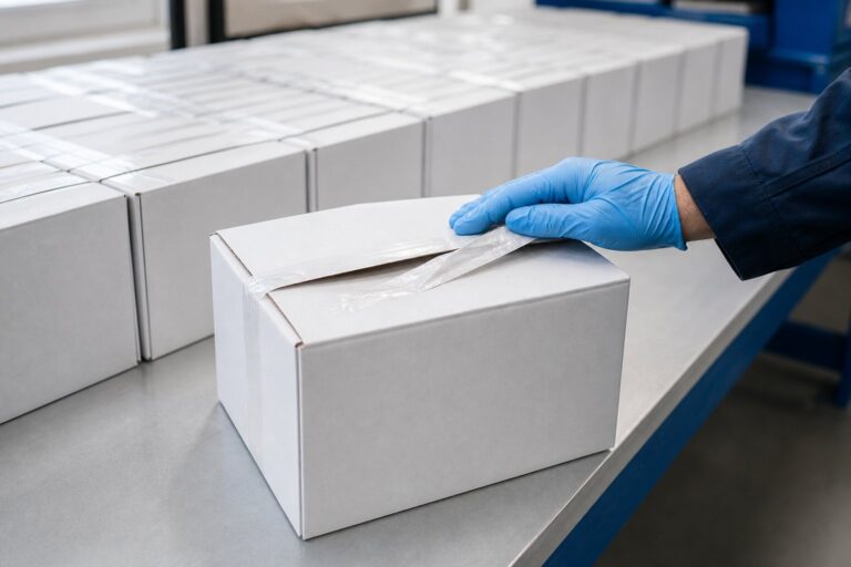 A gloved hand rests on a white shipping box with peeled, askew tamper tape, surrounded by neat rows of sealed parcels.