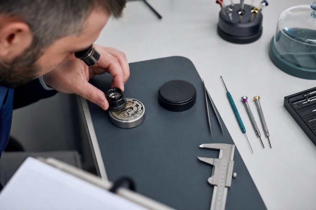 A technician's hand holds a loupe over a disassembled mechanical part on a tidy workbench lined with precision tools.
