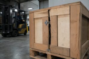 A shipping crate with a visibly tampered latch sits on a warehouse loading dock.