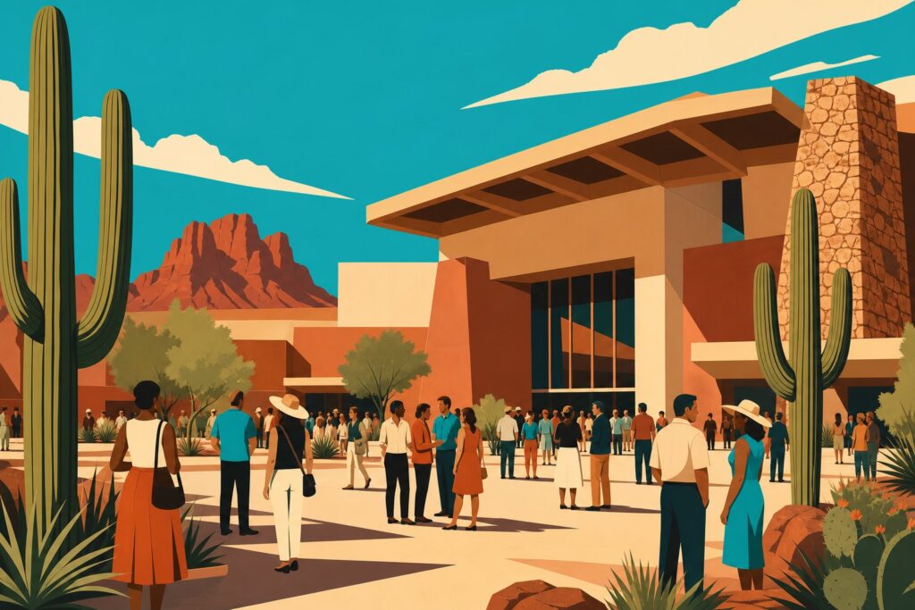 A crowd gathers outside a desert convention centre beneath a bright blue sky with cacti nearby.