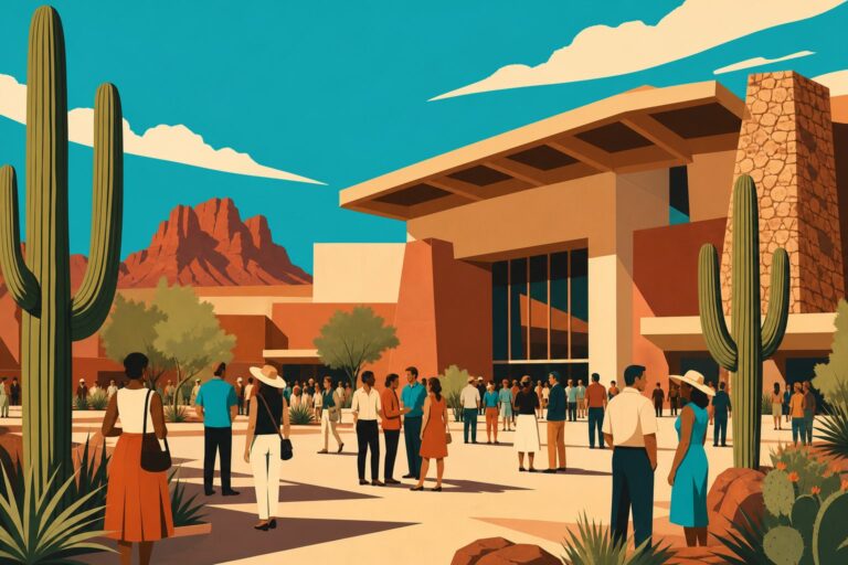 A crowd gathers outside a desert convention centre beneath a bright blue sky with cacti nearby.