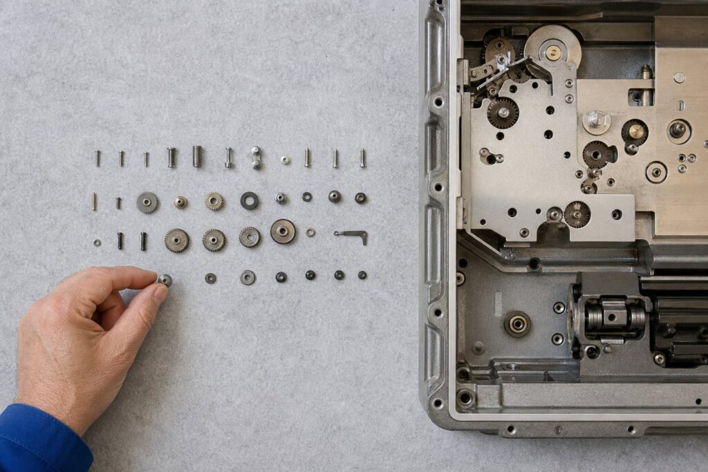 A hand in a blue sleeve places a small metal part among rows of screws, pins, and gears on a grey felt workbench.