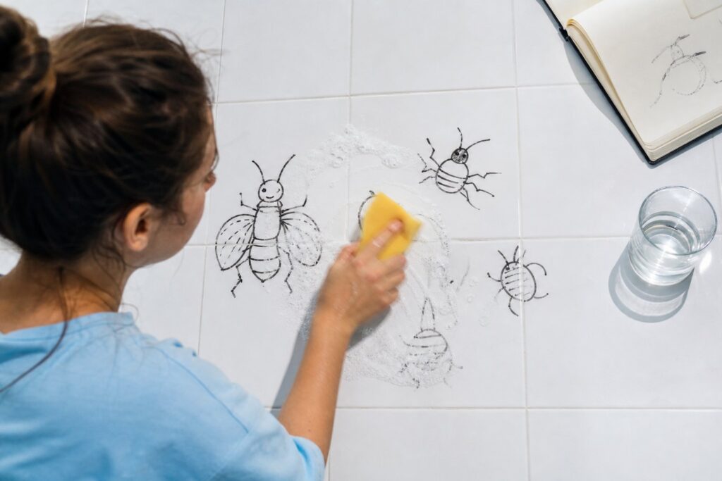 A yellow sponge scrubs bug sketches off a white-tiled surface beside a notebook and glass of water.