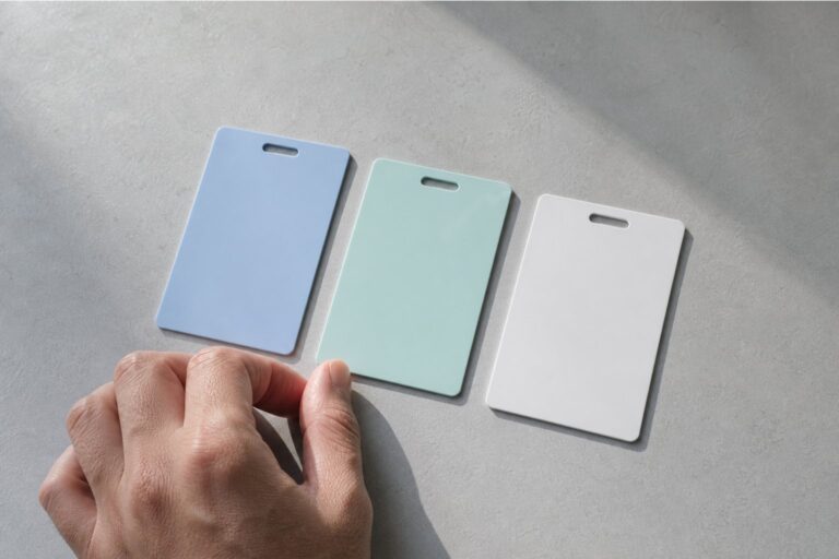 Three pale-colored access keycards arranged on a grey surface, with a hand reaching in to adjust them.