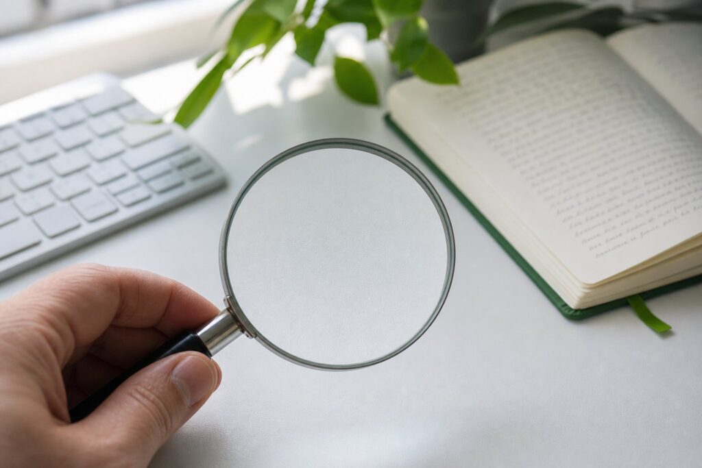 A hand holds a magnifying glass over a desk, sharpening text into focus beside a keyboard and open notebook.